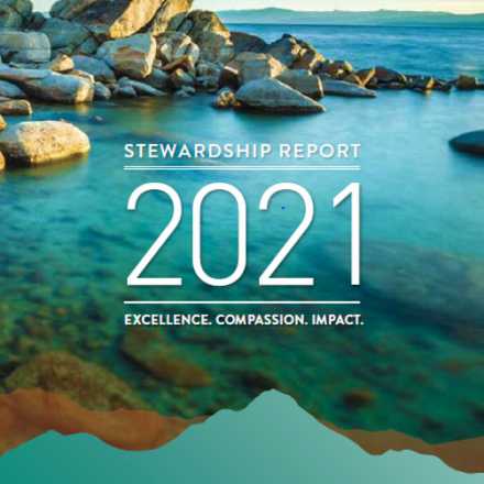 2021 Stewardship Report on a lake tahoe water background