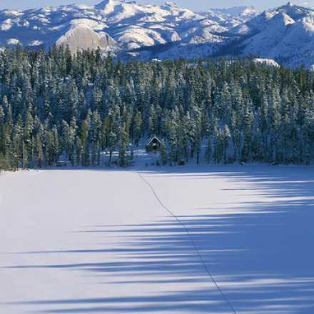 Snow field with forest and mountains in the background