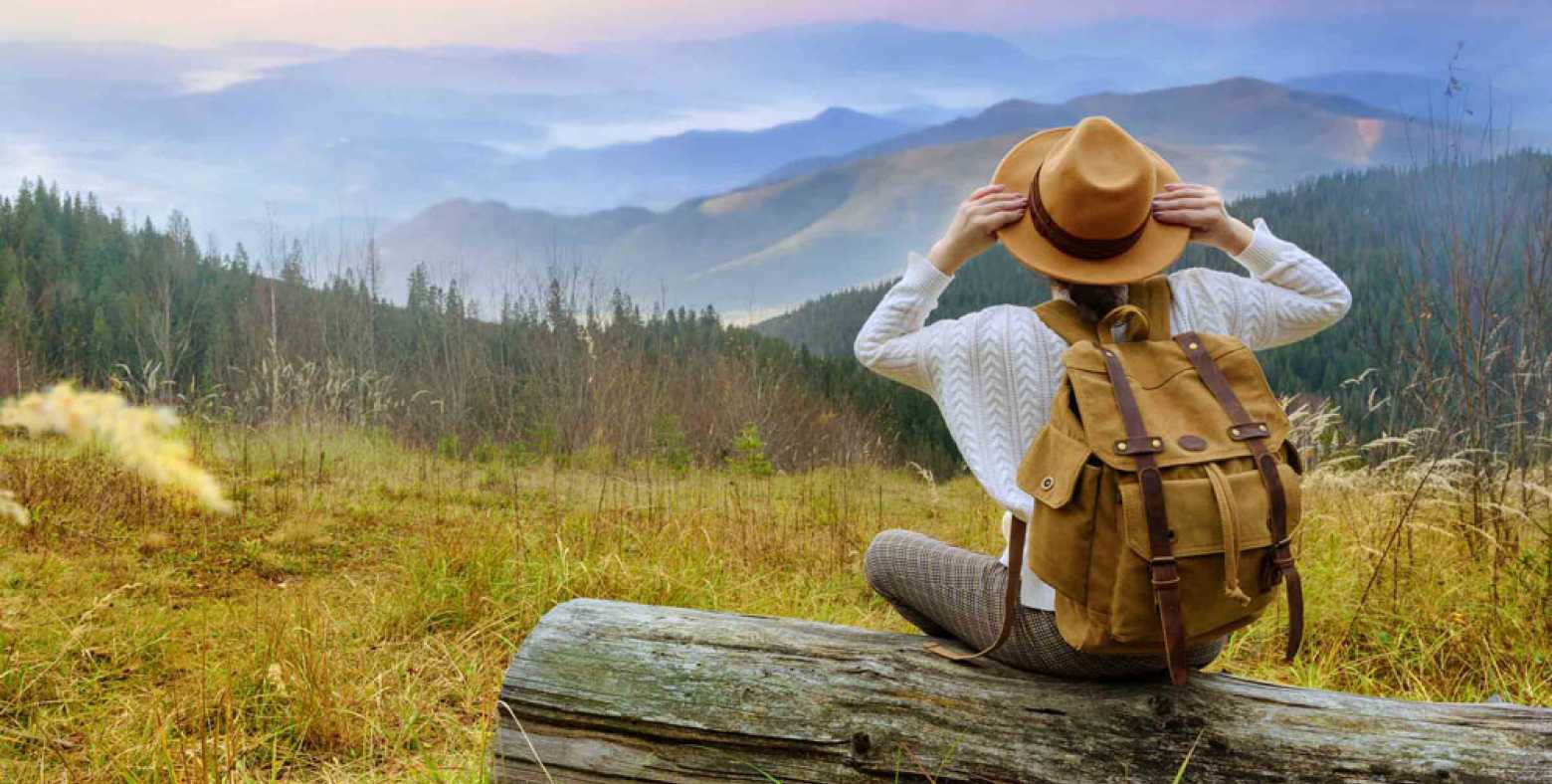 female sitting on log gazing at mountain range