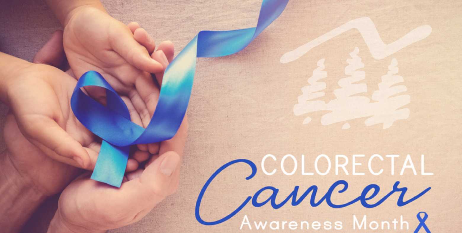 adult and child hands holding blue ribbon with Colorectal Cancer Awareness text