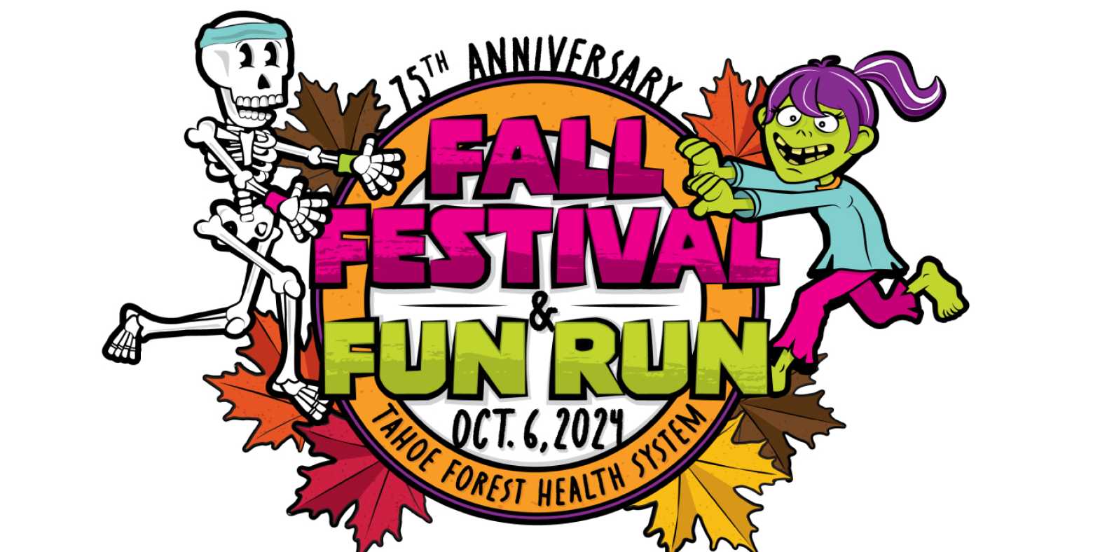 Fall Fest Fun Run logo with halloween cartoon characters and fall leaves