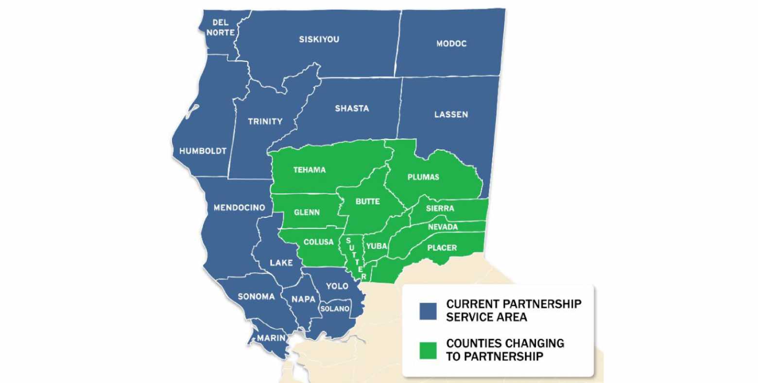 county map of Northern California with highlighted counties affected by Medi-cal plan change